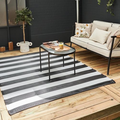 Sjzg-Rainbow Collection Tapis D'extérieur En Plastique Imperméable Facile À Nettoyer Pour Jardin, Terrasse, Balcon, Camping \U2013 Tapis En Paille En Plastique Vibrant \U2013 Rayé Noir/Blanc, 120 X 1