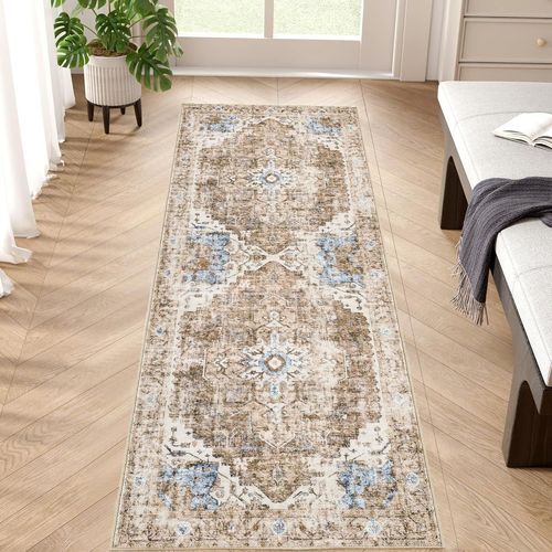 Few-Tapis Long Cuisine Couloir Vintage Rouge Brique 60x183cm, Tapis Interieur Entrée Salon Chambre Paillasson Floral Oriental Anti-Dérapant Lavable