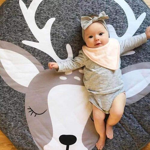 Tapis Ramper Bébé Tapis De Jeu Animaux Coton Rond - Tapis Pour Filles Garçons Eveil Enfants 90cm (Élan Gris)