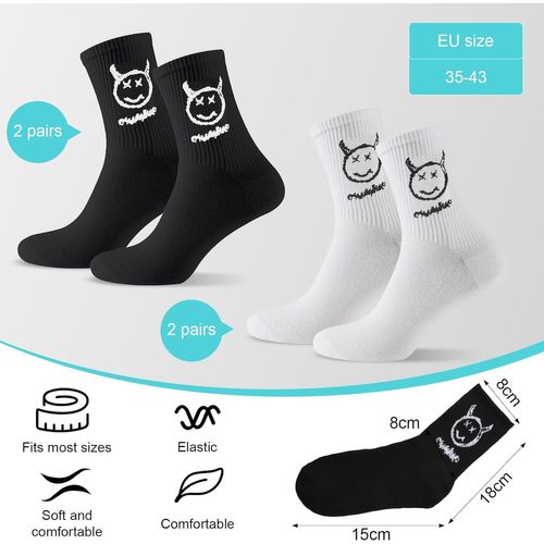 Kalanka-Lot De 4 Paires De Chaussettes De Tennis Pour Homme Avec Motif Smiley 36-43 - En Tissu Éponge - Blanc Et Noir - Chaussettes De Sport Amusantes - Chaussettes De Tennis Personnalisées - Chausse