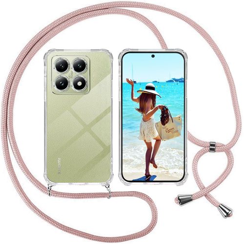 Coque Tpu Transparente Pour Xiaomi 14t Avec Lanière Tour De Cou Réglable 1,5 M ¿ Housse Anti-Choc Coins Renforcés Cordon Ppm (Rose)