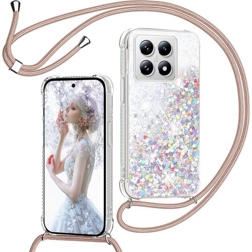 Coque Xiaomi 14t/14t Pro En Silicone Tpu Transparente À Paillettes, Protection Bords Surélevés & Airbags, Lanière Tour De Cou Réglable Et Détachable Avec Chaîne Or Rose