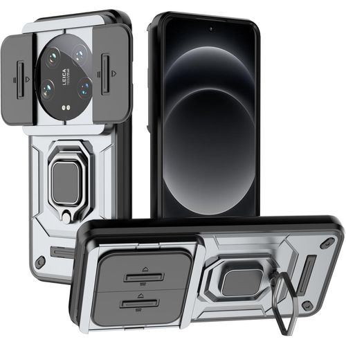 Coque Pour Xiaomi 14 Ultra Gris - Cache Objectif Coulissant, Tpu/Pc Antichoc, Anneau Rotatif 360° Compatible Support Voiture Magnétique, Trou Pour Dragonne