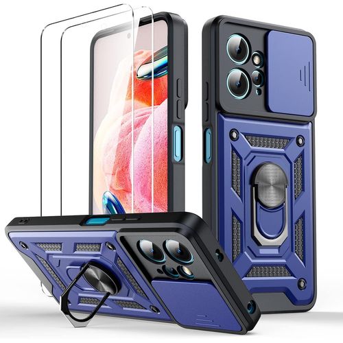 Coque Pour Xiaomi Redmi Note 12 4g (Pas 5g) + 2 Verres Trempés, Protection Antichoc Niveau Militaire, Cache Lentille Coulissant, Anti¿Rayures, Anneau Rotatif 360° Et Support Magnétique ¿ Bleu