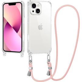 Coque Iphone 13 Mini (5,4 Pouces) Transparente Antichoc Avec Cordon/Lanière Réglable Détachable Tour De Cou - Dos Pc Anti¿Jaunissement & Cadre Tpu Souple - Rose