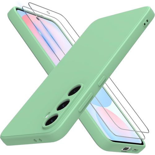 Coque Ultrafine Silicone Tpu Pour Samsung Galaxy S24 Fe 5g (6,7"") + 2 Verres Trempés ¿ Bumper Liquide Antichoc, Protection Écran Et Caméra ¿ Vert
