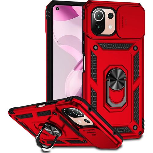 Coque Xiaomi Mi 11 Lite (5g/4g/Ne) - Étui Armure Silicone 360° Antichoc Avec Cache Caméra Coulissant Et Bague Support, Rouge