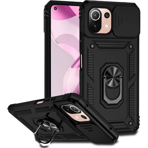 Coque Xiaomi Mi 11 Lite 5g/4g & Mi 11 Lite Ne - Protection 360° Style Armure, Cache-Objectif Coulissant, Anneau-Support Antichoc En Silicone Noir