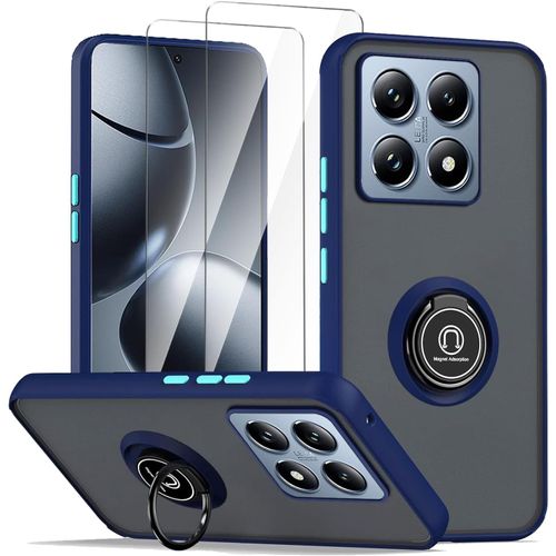 Coque Protection Xiaomi 14t Pro 5g Bleu Royal Tpu Antichoc Avec Anneau Support Et Bords Surélevés + 2x Protecteurs D'écran Verre Trempé 9h
