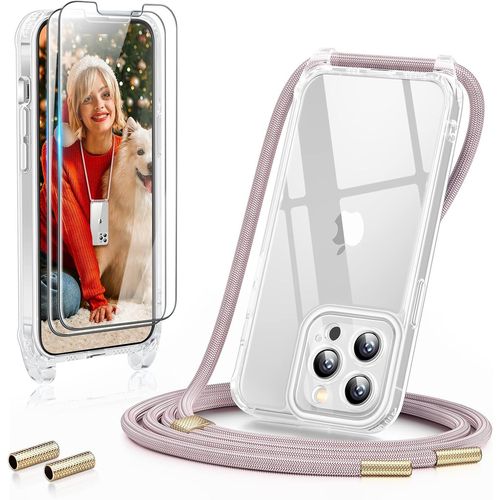 Coque Iphone 13 Pro Max 6,7'' - Bumper Tpu Transparente Protection 360° Avec Lanière Réglable + 2 Verres Trempés Et Protection Appareil Photo, Or Rose