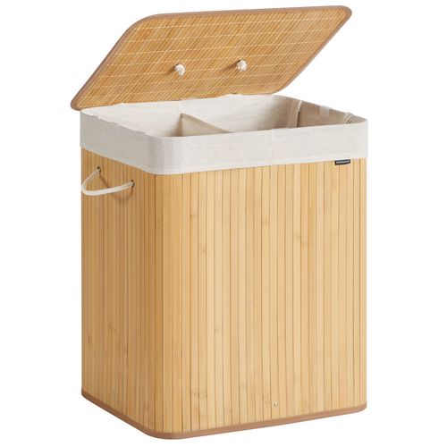 Panier à Linge avec Couvercle, 2 Compartiments, 120 L, Pliable, Sac Amovible et Lavable en Machine, avec Poignées, Naturel