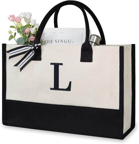 Sjzg-Personalized Initial Canvas Beach Bag, Monogrammed Gift Tote Bag For Women