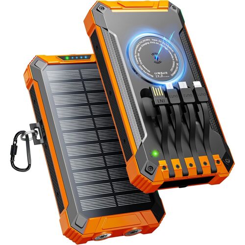 Batterie Externe Solaire 26800mah Avec 4 Câbles, Chargeur Solaire Portable Sans Fil Batterie Externe Usb-C 15w Charge Rapide 6 Sorties 3 Entrées Pour Téléphone, Avec Lampe De Poche, Mousqueton