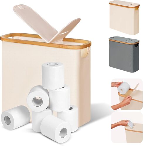 28 L 2-in-1 Boite Rangement Papier Toilette avec Couvercle, Bambou Panier à Papier Hygiénique Boite Rangement Salle de Bain, Corbeille Porte-Papier Toilette pour 9 à 12 Rouleaux, Beige