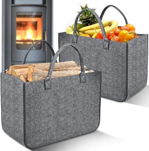 Sjzg-2 Pièces Sac À Bûches En Feutre, Grand Capacité Pliable Panier En Feutre Avec Poignée De Transport Pour Bois De Cheminée, Jouets, Vêtements, Shopping (50 X 30 X 35 Cm, Gris Foncé)