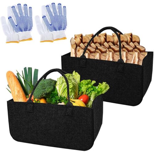 Sjzg-2 Pièces Panier Sac A Buches Kit,50x25x25cm Panier Bois Cheminée Sacs Feutrés Shopper, Sacs En Feutre Panier En Bois Pliable, Avce 2 Gants, Pour Journaux, Faire Du Shopping, Rangement