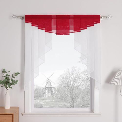 Sept-1 Pièce Store Bateau Transparent Passe Tringle Plissé Coloré Triangulaire Voilage De Fenêtre Salle De Séjour Cuisine Chambre Décoratif Et Moderne Rouge H/L 125/120cm