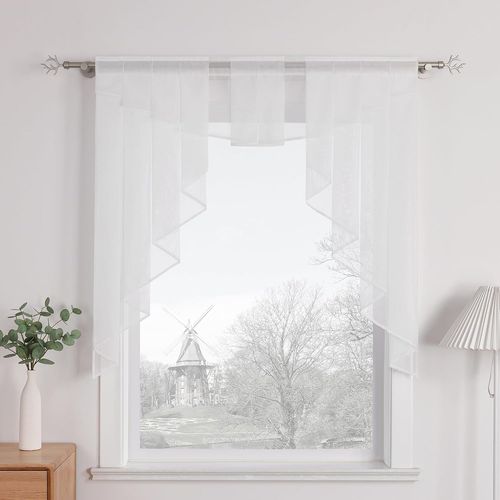 Ersan-1 Pièce Store Bateau Transparent Passe Tringle Plissé Coloré Triangulaire Voilage De Fenêtre Salle De Séjour Cuisine Chambre Décoratif Et Moderne Blanc H/L 145/140cm