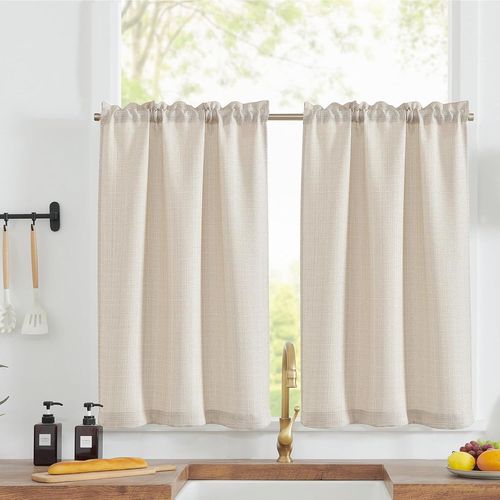 Cheng-Rideaux Cuisine Court Blanc Ivoire 70h X 90l(Cm) Pour Meuble Bas Placard Fenetre,À Passe Tringle Intérieurs,Petit Rideau Brise-Bise,Moderne,2 Panneaux