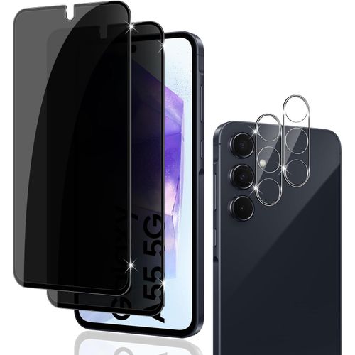 CAUC-pour Samsung Galaxy A55 5G Anti-Espion Verre Trempé+ CaméRa ArrièRe Protecteur 2+2 Pièces, 9H Dureté Privacy Verre Trempé Membrane Anti-Spy Protection D'écran Anti-Peeping