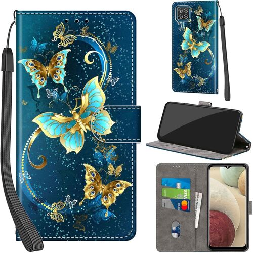 KAL-Coque Pour Samsung Galaxy A12 / M12 / F12 Cover [Housse En Cuir Pu Premium] [Etui À Rabat] [Pochette De Portefeuille], Étui De Protection Pour Samsung A12,Papillon Vert