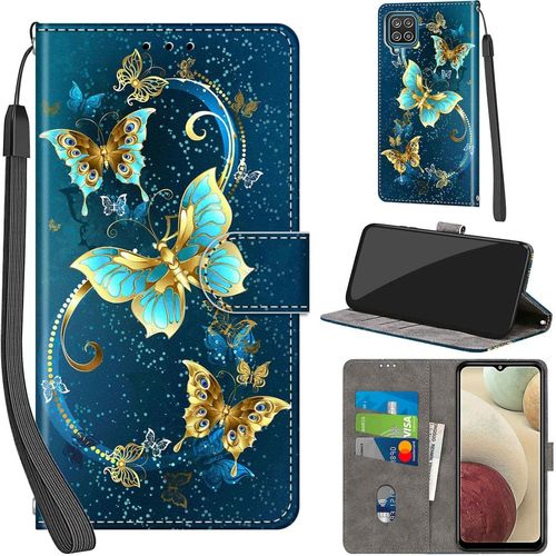 Kal-Coque Pour Samsung Galaxy A12 / M12 / F12 Cover [Housse En Cuir Pu Premium] [Etui À Rabat] [Pochette De Portefeuille], Étui De Protection Pour Samsung A12,Papillon Vert