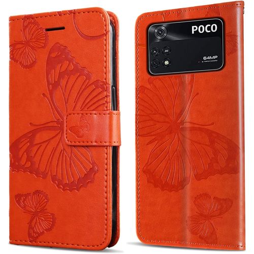 KAL-Coque Pour Xiaomi Poco M4 Pro 4G, Papillon Imprimé Housse En Cuir Pu Magnétique Portefeuille, Étui À Rabat Pour Xiaomi Poco M4 Pro 4G, Orange