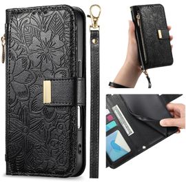 Coque Portefeuille Pour Samsung Galaxy S22 Ultra 6,8'' - Cuir Pu Embossé Fleurs, Étui Rabat Antichoc Avec Porte-Cartes, Support Mains Libres, Fermeture Magnétique, Poche Zippée Et Bracelet - Noir