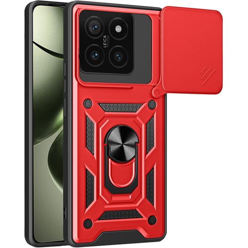 Coque Xiaomi 14t Rouge - Antichoc Grade Militaire, Résistante Aux Rayures, Cache Appareil Photo Coulissant, Support Rotatif 360° Et Plaque Magnétique