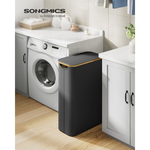 Panier à Linge Mince avec Couvercle, 65L, Gain de Place, Doublure en Maille Amovible, Tissu Oxford, Poignées en Bambou, Pliable, 42 x 22,5 x 70,5 cm, Noir d'Encre