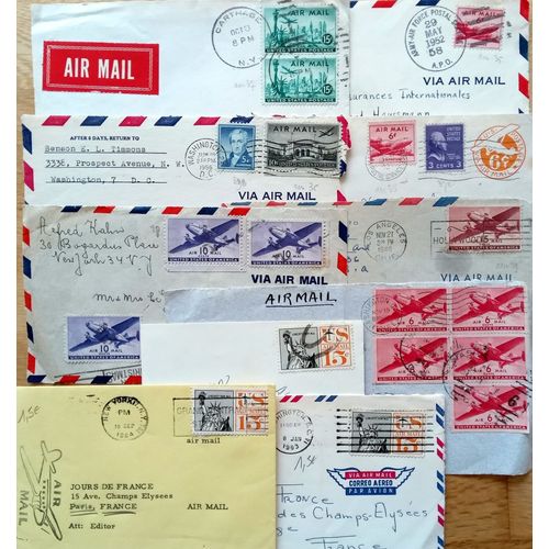 Gros Lot 63 Enveloppes Ou Devants Par Avion Usa Etats-Unis 106 Timbres Années 40 À 60