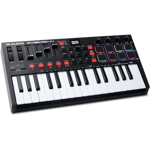 SUBZONAL-M-AUDIO Oxygen Pro Mini clavier contrôleur MIDI USB 32 touches pour MacOS et WinOS, avec Beat Pads, boutons et faders assignables, et Native Instruments Sound Pack (NKS Integration)