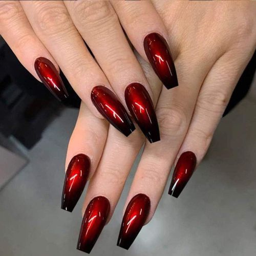 Oayew-Cercueil Brillant Faux Ongles Long Noir Et Rouge Ballerine Presse Sur Ongles Gradient Acrylique Art Cover Faux Ongles Bâton Sur Nails Pour Les Femmes Et Les Filles (24pcs) 