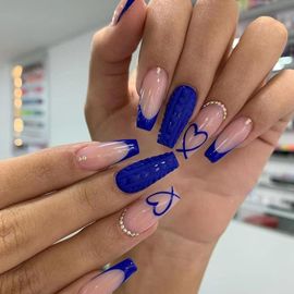 Jum-24 Pièces Faux Onglesmoyen Cercueil,Ballerine Faux Ongles À Coller French,Nude Bleu Press On Nails Avec Gel Pad Ongles,Strass C?Ur Faux Ongles Reutilisable Sans Colle Pour Femmes Et Filles 
