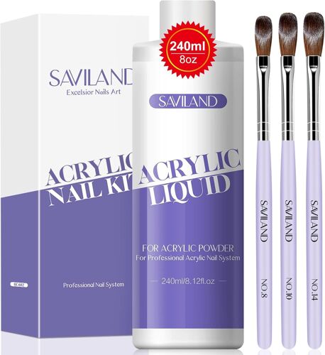 Liquide Acrylique 240 Ml, Liquide Monomer Acrylique Avec 3 Pinceaux Acryliques (Tailles 8/10/14), Liquide Acrylique Pour Poudre Acrylique D'extensions D'ongles En Acrylique Et Sculpture 