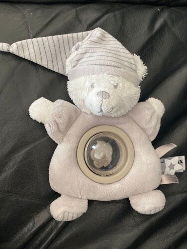 Doudou peluche hochet ours blanc et gris bonnet boule etoile max et sax 19cm