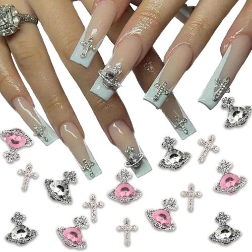 Kal-Pièces Planétaires Nail Art Strass Blanc Rose Strass Ongle Nail Art 3d Croix Strass Saturn Shape Design Bijoux Ongles Shiny Accessoires Acrylique Pour Les Ongles Décoration Pour Les Femmes 