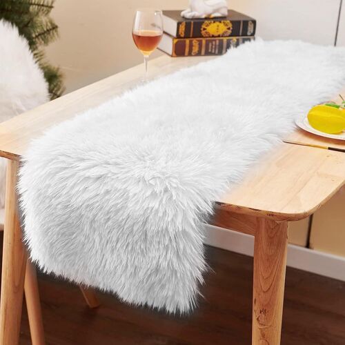 Chemin De Table En Fausse Fourrure - Blanc - Pour Noël, Mariage, Coiffeuse - 38 X 183 Cm