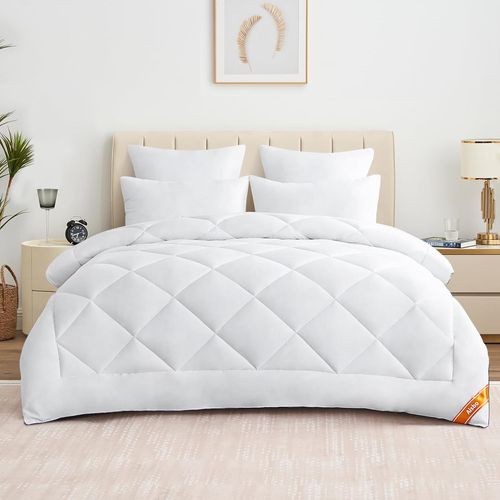 Kalanka-Couette 200x220 Tempéré Douceur - Couette 2 Personnes 300g/M² Microfibre Douce, Couette 4 Saison 200 X 220 Matelassée Losangée Avec 8 Bandes Pratiques, Entretien Facile