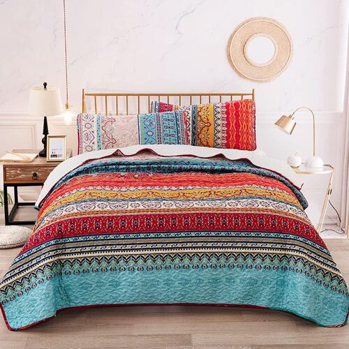 Sjzg-Couvre-Lit 200 X 220 Cm - Couverture De Lit Bohème - 3 Pièces - Matelassée - En Microfibre - Avec 2 Taies D'oreiller 50 X 75 Cm - Pour Chambre À Coucher, Jeté De Canapé (Bohème)
