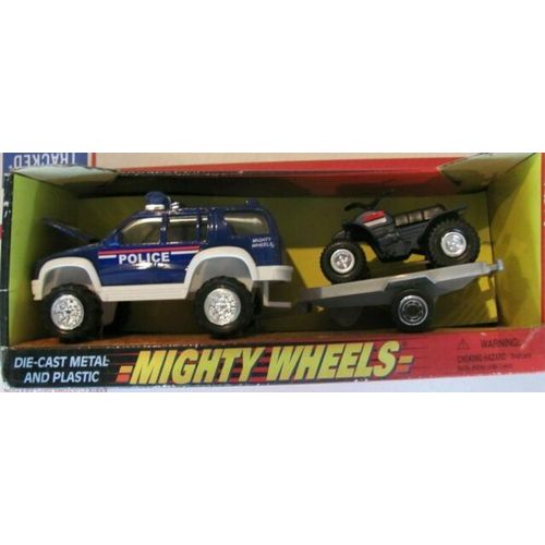 Voiture Suv Bleue Et Blanche De Police Mighty Wheels Avec Remorque Et Quad 18 Cm Nrfb