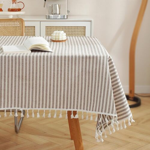 Sjzg-Nappe Rectangle Nappes Nappe À Pampilles Rayées Protection De Table Jupe De Table En Lin Table À Manger De Cuisine (Marrone/Strisce Bianche, 120×160cm)