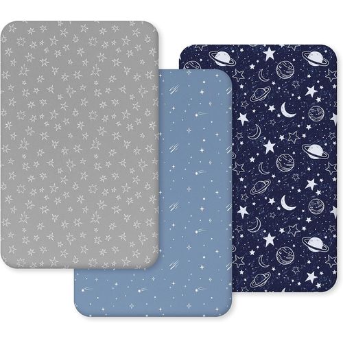 Subzonal-Lot De 3 Draps-Housses, 55 X 90 Cm, Pour Lit D'appoint, En Microfibre Douce, Respirants, Motif Planète Bleu Foncé