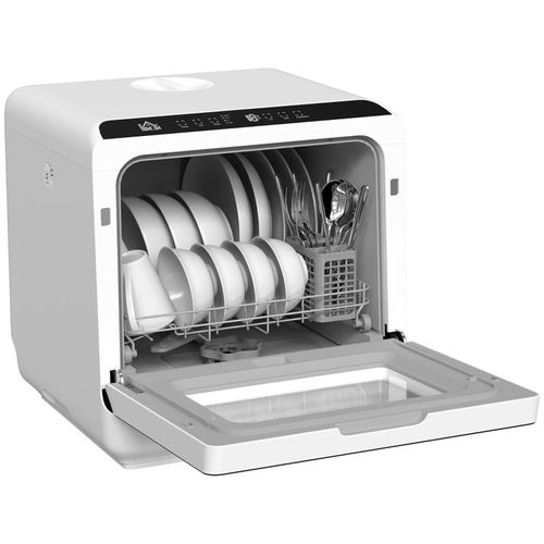 Lave-vaisselle de comptoir HOMCOM, mini-lave-vaisselle avec cuve de 6 litres, 5 programmes, écran LED, fonction séchage, blanc