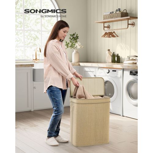 Panier à Linge en Bambou, Sac Amovible et Lavable en Machine, avec Couvercle, Poignées, pour Buanderie, Chambre, Salon, Couleur Naturelle
