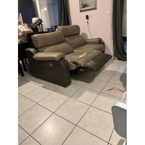 Canapé Électrique En Cuir Marron Beige 2 Places
