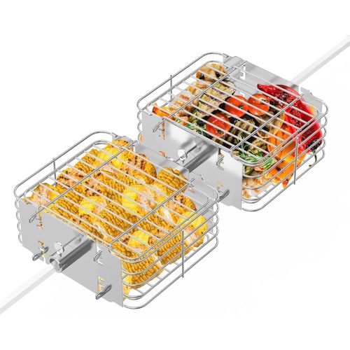 ASFASFq-2 Paniers de Cuisson pour Barbecue en INOX, Panier à Barbecue Rotatif pour Rotisserie, Légumes, Poulet, Poisson, Griller Panier pour BBQ Grill Barbecue à Gaz