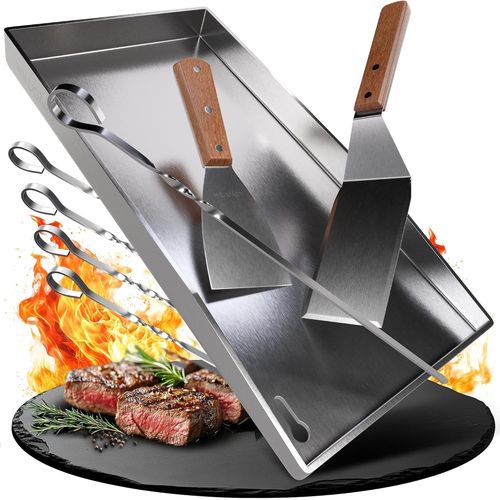 Plancha Plaque de cuisson en acier inoxydable épais ¿ 20 x 40 cm ¿ Convient pour barbecue à gaz et barbecue au charbon +PLUS: 2x spatule de barbecue & 5x brochettes