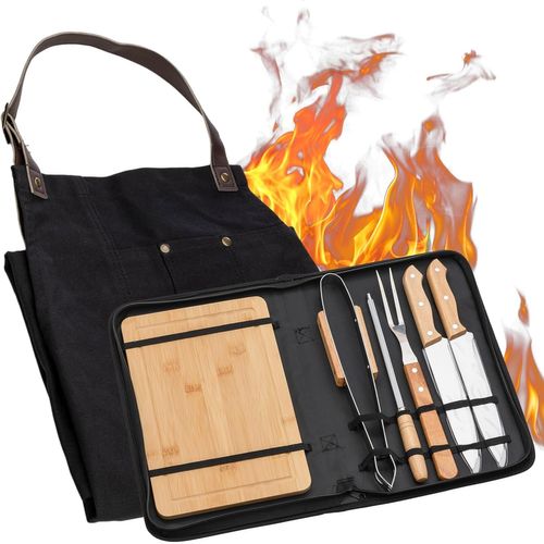Trousse À Outils Portable Pour Barbecue Avec Ensemble De Couteaux En Acier Inoxydable, Pinces, Brochette De Grill, Tablier En Toile, Planche En Bois Pour Camper, Camping Et Cuisine, Outils De Cuisson.
