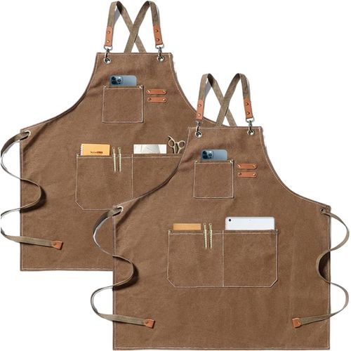 Patb-Tablier De Cuisine En Toile (2 Pièces), Tablier De Travail Avec 3 Poches, Sangle Réglable, Tablier De Barbecue Imperméable Professionnel Pour Homme Femme Pour Coiffeur, Cuisine, Jardinier, Gris,